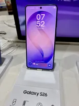 Samsung Galaxy S26, front view on a display stand