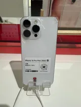 Apple iPhone 16 Pro Max in white titanium, rear view on a display stand